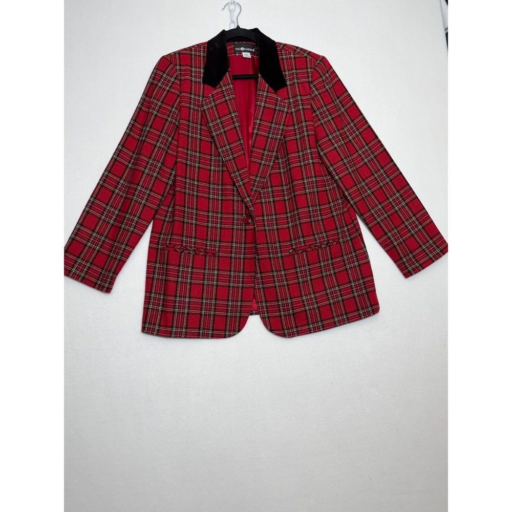 Sag Harbor Vintage Red Plaid Blazer Wool Blend Velvet Collar Size 14 F83027P